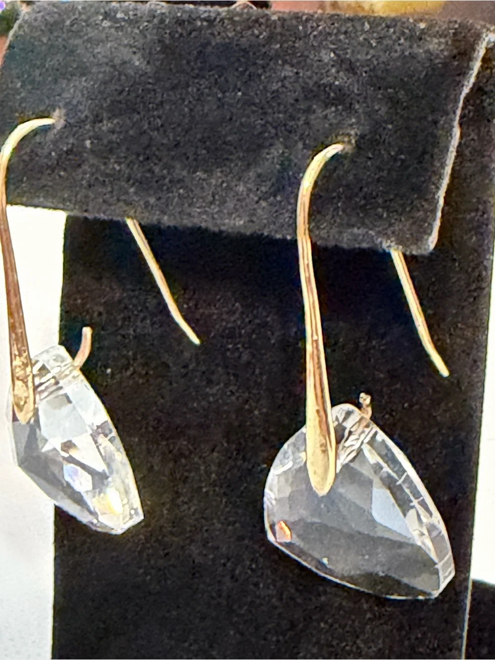 Vtg 90s Clear Crystal Faceted Drop Earrings Long Gold Wire Hook Deadstock